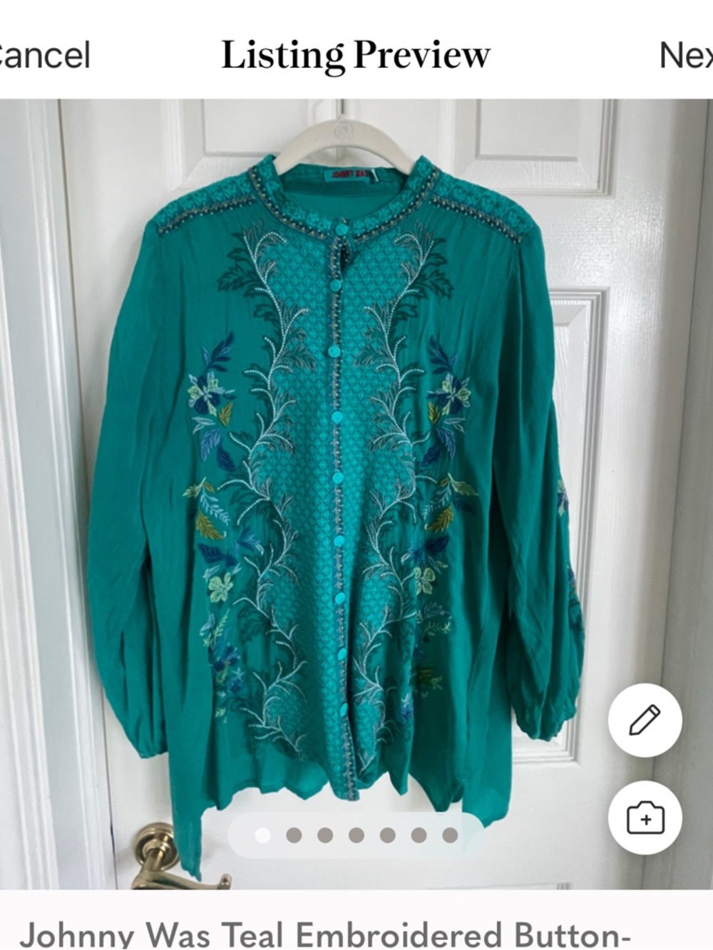 Johnny Was Teal Embroidered Button-Front Blouse - Picture 8 of 8